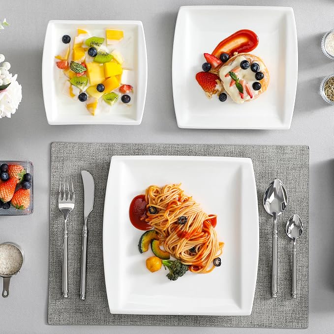 MALACASA 30 Piece Porcelain Dinnerware Set, Square Plates and Bowls for 6 | Complete with Plates, Bowls, Cups, Saucers, Microwave Oven and Dishwasher Safe Porcelain, Modern Square Design, Service for 6