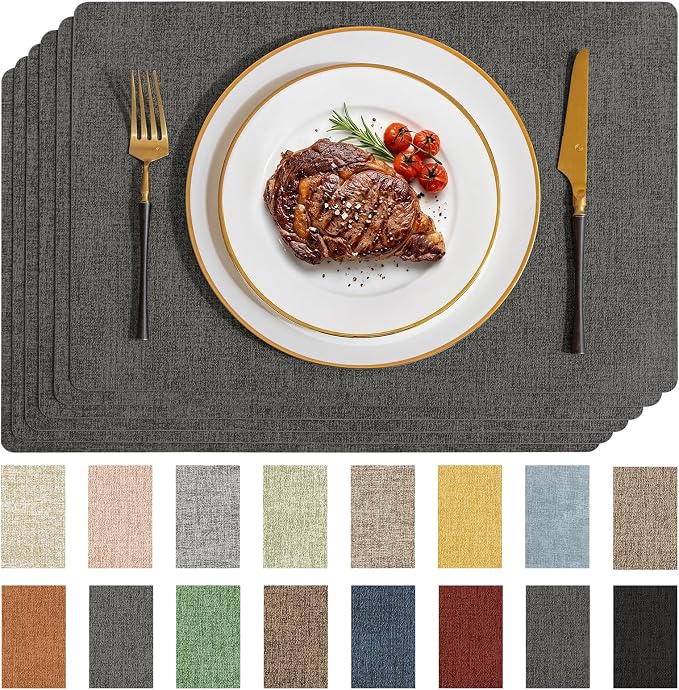 Romanstile Vinyl Placemats Set of 6-12 X 17 Inch - Faux Leather 100% Waterproof Wipeable Anti Slip Place Mats, Heat Resistant Reversible PU Table Mats for Kitchen Dining Party Outdoor, Dark Grey