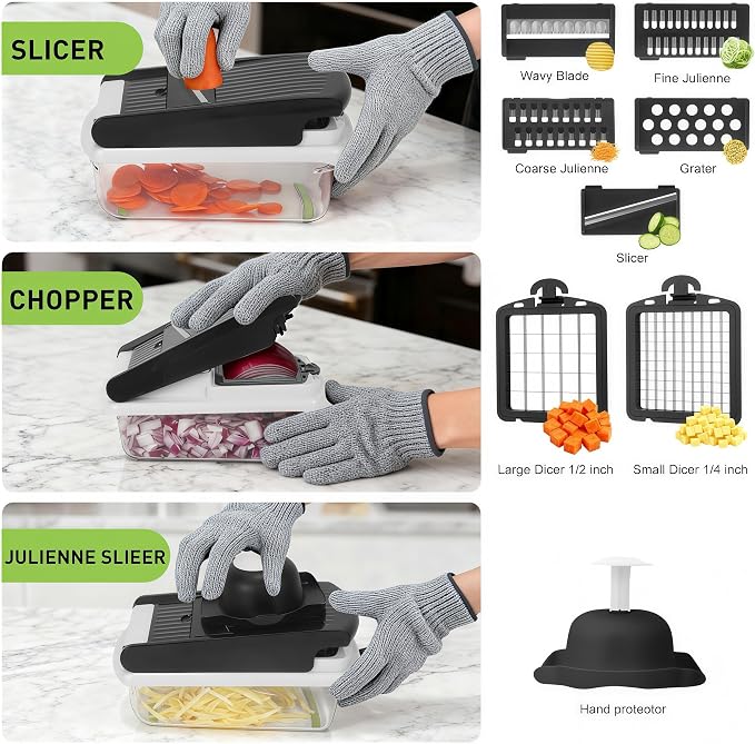 Stainless Steel Mandoline Slicer, Safe Veggie Dicer Kitchen Prep Tool | Multi stainless steel blades with safety guard, detachable structure for quick fruit and vegetable cleaning