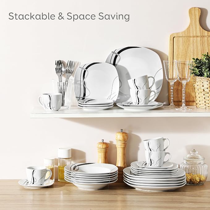 VEWEET Ceramic Dinnerware Sets for 6, White and Black Dishes Set, FIONA | Porcelain Dinner Set Including Dessert Plates, Soup Plates, Dinner Plates, Cups & Saucers, Microwave & Dishwasher Safe