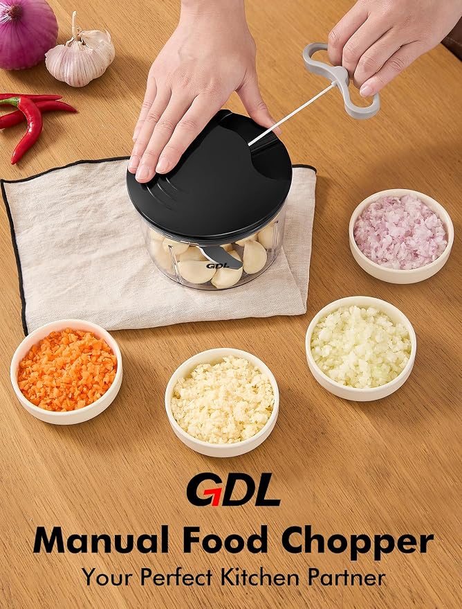GDL Food Chopper, Vegetable Chopper, Pull String Onion Chopper Dicer, 800ML | Manual Chopper Dicer for Oinon, Garlic, Nut, 420 Stainless Steel Blade, Dishwasher Safe, Fast Cutting, Anti-Slip Base, No BPA