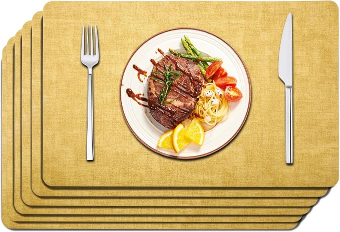 Maxpearl Faux Leather Placemats Set of 6, Easy to Clean, Light Yellow | Waterproof - Heat Resistant - Non Slip - Wipe Clean Dining Table Place Mats, Suitable for Indoor & Outdoor Use, 17''×12''