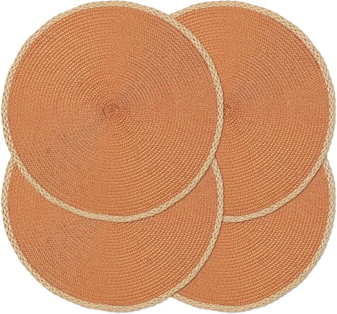 Round Placemats Set of 4, Woven Table Mats, Thin Edge, Orange | Braided Paper Edge, 15 Inch Diameter, Fits Dinner Plate and Flatware, Wipeable, Heat Resistant, Indoor Dining, Outdoor Patio