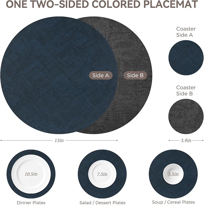 NCUE 13" Faux Leather Round Placemats Set of 6, Reversible Dual-Color | With 3.9" Coasters, 2 mm Vinyl Table Mats, Waterproof Wipeable Heat Resistant, Non-Slip Texture, for Dinner Party Home Decor