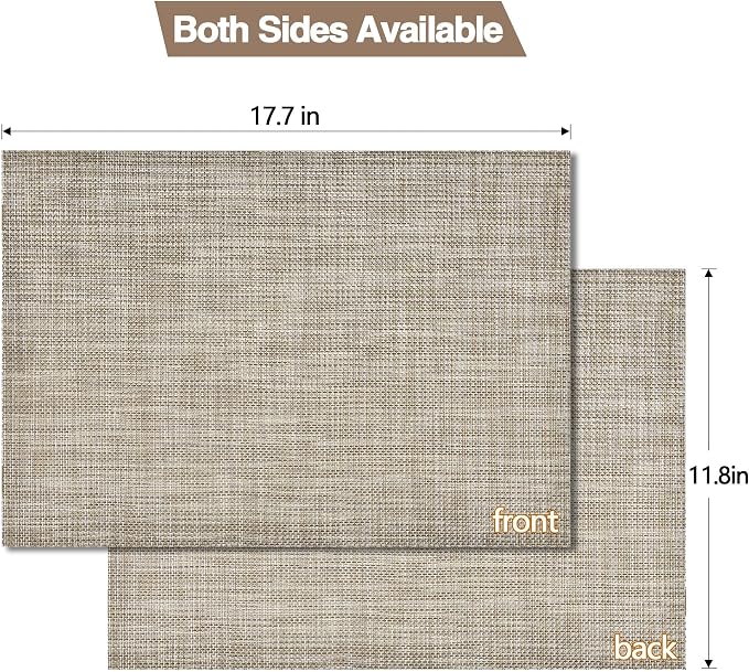 SLKQG Placemats Set of 4 - Easy Clean Washable Vinyl Placemats - Wipeable Heat Resistant Table Mats for Dining Table - 17.7x11.8 Inch (4, Gray & Gold Two-Tone)