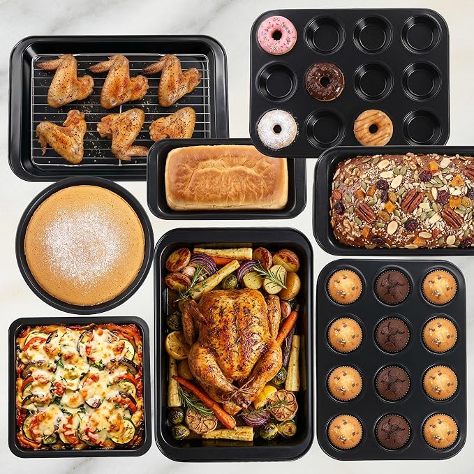 Nonstick Carbon Steel Bakeware Set – Stackable Baking Pans with Cookie Sheet, Muffin Pan, Loaf Pan, Cake Pan & Roasting Pan, Oven Safe to 450°F, (10)