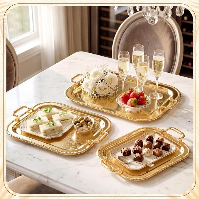 3 Pack Metal Serving Trays with Handles, Decorative Floral Platter Trays for Coffee Tea, Food, Dessert, Jewelry, for Buffet Wedding Party Kitchen Home Decor(Lovely,Silver, Gold)