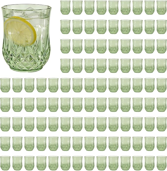 100 Pack Plastic Stemless Wine Glasses, 12oz Unbreakable Wine Cups | Reusable Fancy Vintage Drinking Glass Bulk for Cocktail, Whiskey, Juice, Elegant Decor for Wedding, Party & Holiday Events