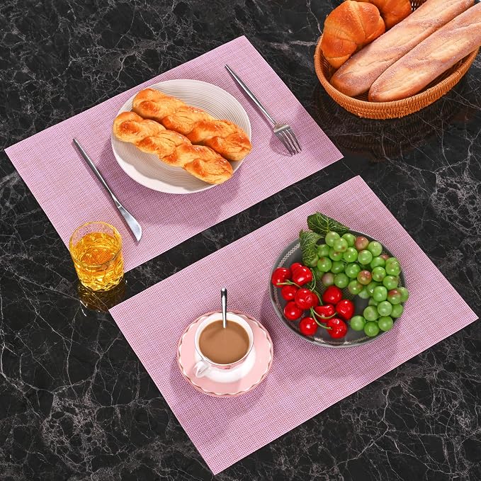 Zupro Pink Placemats Set of 4 Woven PVC 18"x12" for Indoor Outdoor Usage | Washable Heat-Resistant Non Slip Table Mats PVC Vinyl Kitchen Dining Patio Table Place Mats for Holidays Dinner Parties BBQs