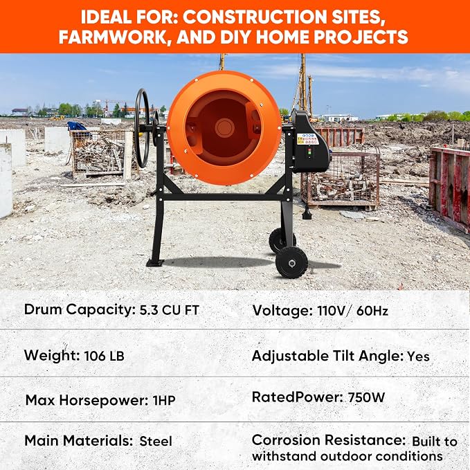 5.3 Cu.Ft. 1HP Electric Cement Mixer, 750W, 140L Portable Concrete Mixer Machine with Stand & Wheels, for Stucco, Mortar, Seeds - 2026 Upgraded (Orange)