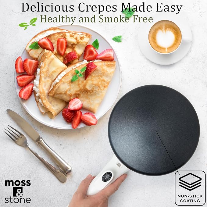 Moss & Stone Cordless Electric Crepe Maker, 8" Portable Nonstick Crepe Pan | Nonstick dipping plate, auto shut-off, on/off switch, even heating, dual temperature setting, compact design