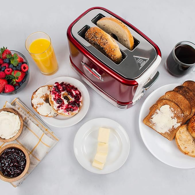 Nostalgia New and Improved Wide 2-Slice Toaster Perfect For Bread, English Muffins, Bagels, 5 Browning Levels, With Crumb Tray & Cord Storage, Retro Red