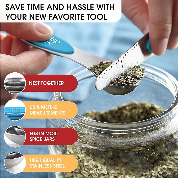 Spring Chef Stainless Steel 8 Magnetic Measuring Spoons for Kitchen, Teal | Dual Sided Metal Teaspoon & Tablespoon Measuring Spoons with Leveler for Dry & Liquid Ingredients, Stackable, Dishwasher Safe