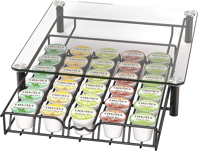 Deco Brothers Tempered Glass K-Cup Holder Drawer for 30 Coffee Pods, Black