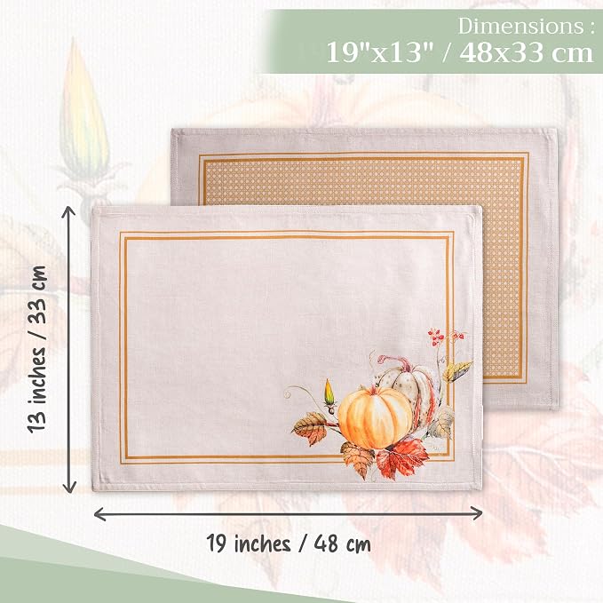 Maison d' Hermine Placemats Set of 4 Reusable 100% Cotton (13"x19") | Cloth Place Mats Washable Table Mats for Kitchen Dining Party Wedding Hotel Home Thanksgiving Christmas - Potiron