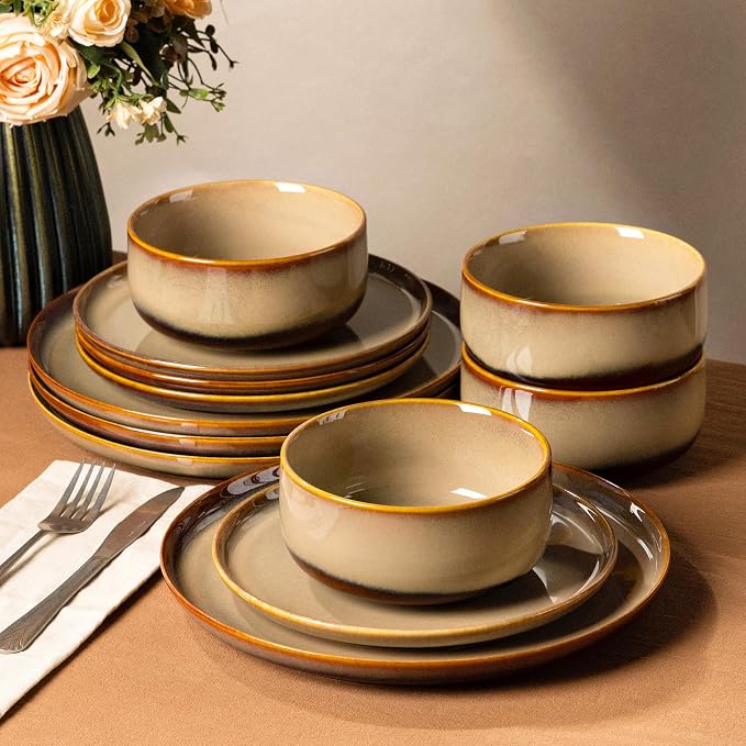 Ceramic Dinnerware Set for 4, 12-Piece Plates and Bowls Set | Handmade Reactive Glaze Dish Set, Scratch Resistant, Oven & Microwave & Dishwasher Safe, Creamy Amber