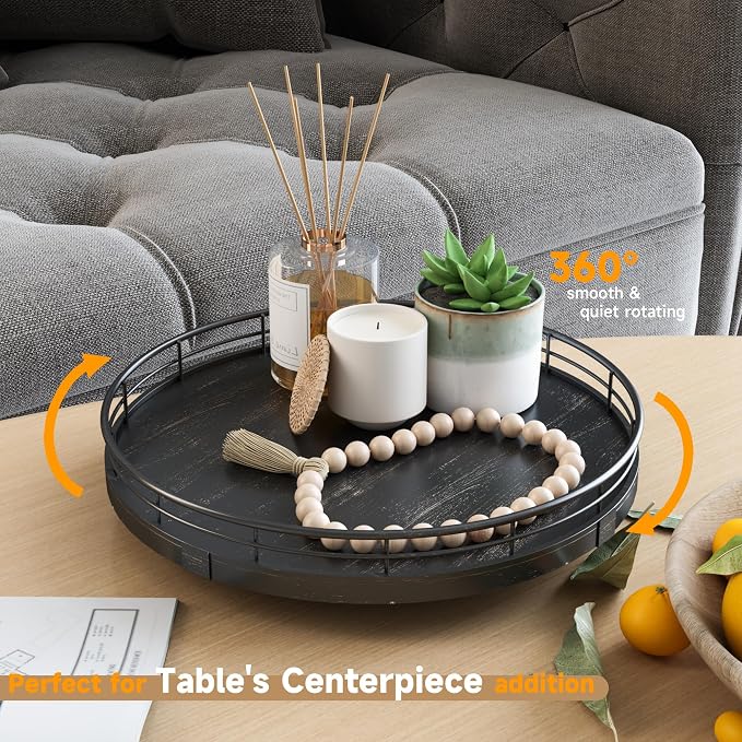 AMH 10-Inch Oak Lazy Susan Vanity Tray with Black Brushed Gold Rail | Smooth rotating oak tray with walnut finish for dining tables, kitchen counters, pantries and cabinet storage.