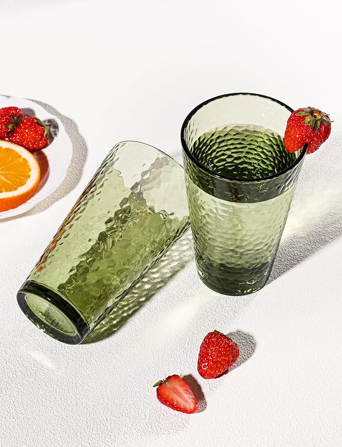 Amyoole Drinking Glasses Set of 8, 16oz Green Highball Water Glasses | Stackable Lead-Free, Clear Heavy Hammered Glass Cups,Kitchen Drinkware Glassware for Cocktail,Beer,Juice,Iced Tea,Margaritas