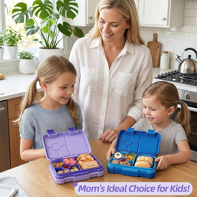 Bento Lunch Box for Kids, 5/6 Compartments, Purple Patterned | Dishwasher Safe Back to School Snack Bento Lunch Containers Boxes, Ideal Portion Sizes for On-the-Go Meal, Ages 3+, School