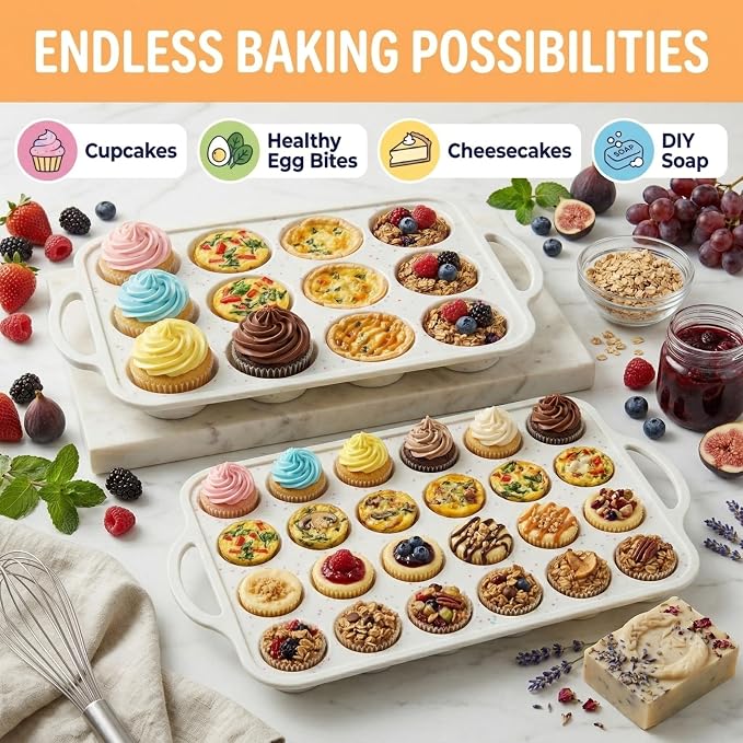 Silicone Muffin Pans, 2-Pack Regular 12 Cup & Mini 24 Cup, BPA-Free | Metal Reinforced Silicone Muffin Pans for Baking, Nonstick Silicone Cupcake Pan, Easy Release Surface, Dishwasher Safe