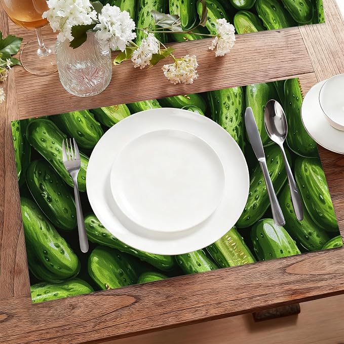 Table Placemats Set of 6,Green Cucumber Cloth Placemats,Vegetable Food Theme Heat-Resistant Table Mats for Kitchen Dining Room Decoration,Non-Slip Fabric Place Mats 11.8x17.7 Inch
