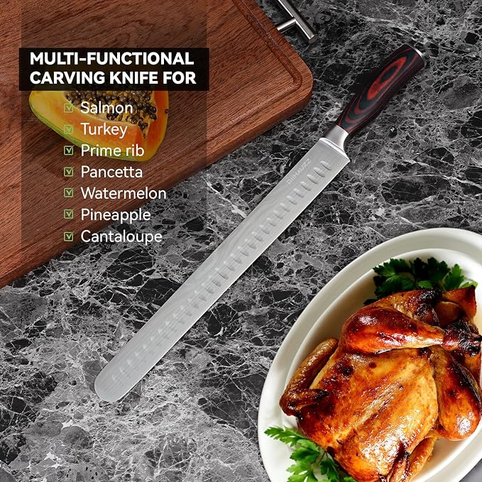 DiiHAUZZ Brisket Slicing Knife, 12 Inch Carving Knife for Meat Cutting | High Carbon Stainless Steel, Non-Stick Granton Edge, Ergonomic Pakkawood Handle, Razor Sharp for Turkey, Roasts and BBQ