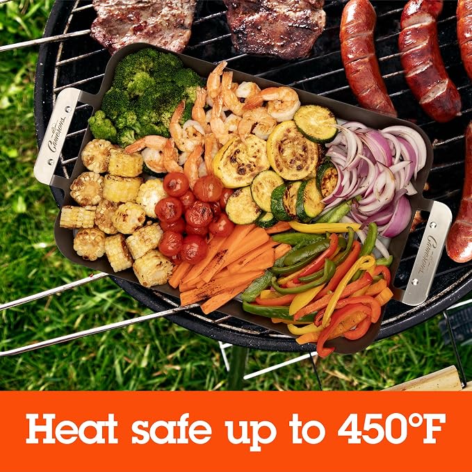 Camerons BBQ Grill Topper Non-Stick Grilling Pans, 2 Pack | Barbecue Trays with Stainless Steel Handles, Indoor Outdoor Use for BBQ Smoked Meat, Veggies & Seafood, Grilling Gift for Men