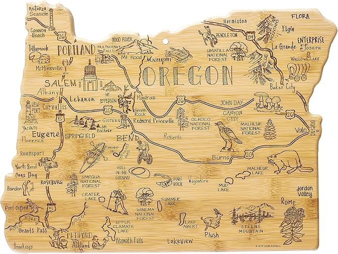 Totally Bamboo Destination Oregon State Shaped Cutting Board | State charcuterie serving board with engraved map artwork. Smooth reverse side for food prep. Hang tie for wall display.