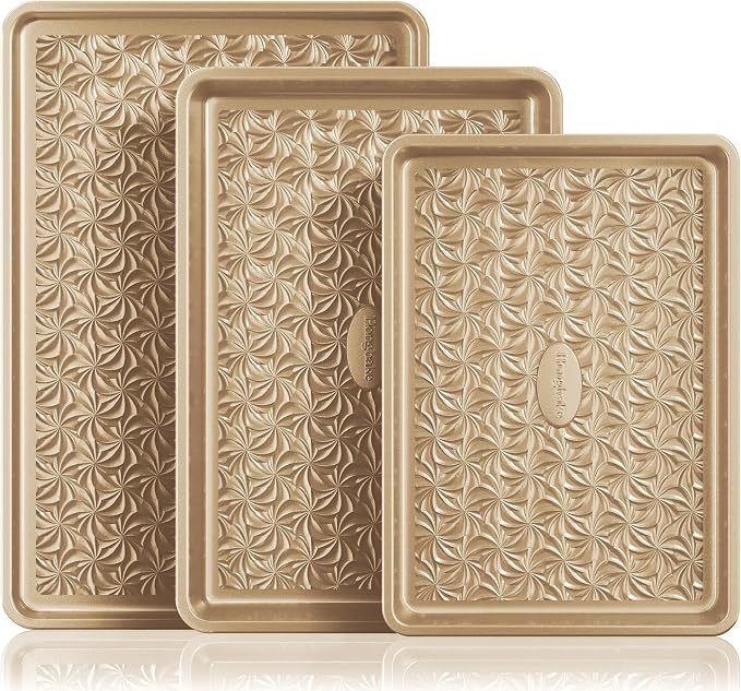 Nonstick Baking Sheet Pan Set of 3, Cookie Sheets for Oven, Non-Toxic Half/Quarter/Jelly Roll Pans with Floral Swirl Texture, Heavy Duty 0.8mm Thick Oven Trays for Cooking, Antique Gold