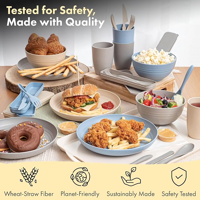 FOODLE Wheat Straw Dinnerware Set - RV, Camping Plates Cups and Bowls Set | BPA-Free & Safety Tested - Microwave & Dishwasher Safe - Lightweight & Unbreakable Dishes - Great for Kids & Adults - For 4