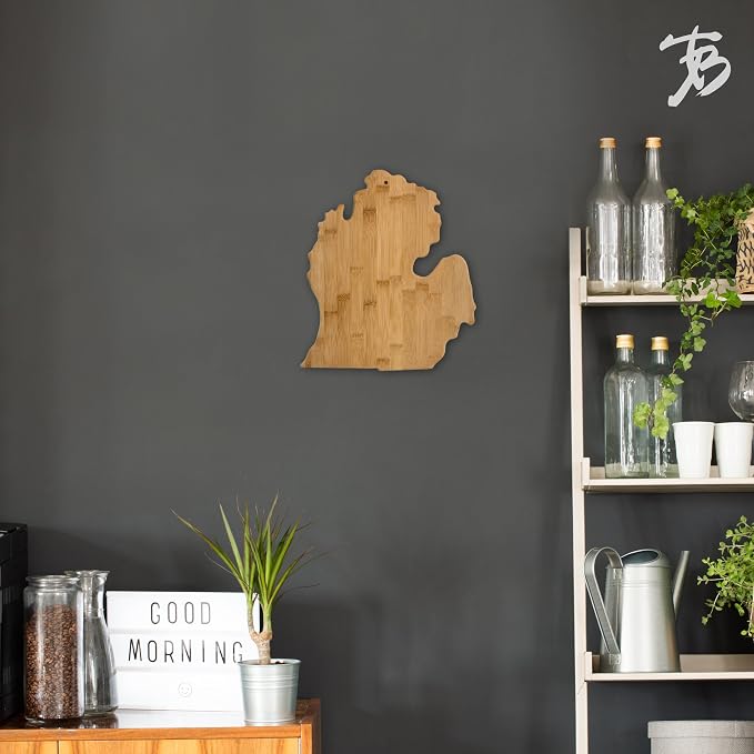 Totally Bamboo Michigan State Shaped Bamboo Serving & Cutting Board | State charcuterie board with natural bamboo grain. Knife-friendly surface for food prep. Hang tie for wall display.