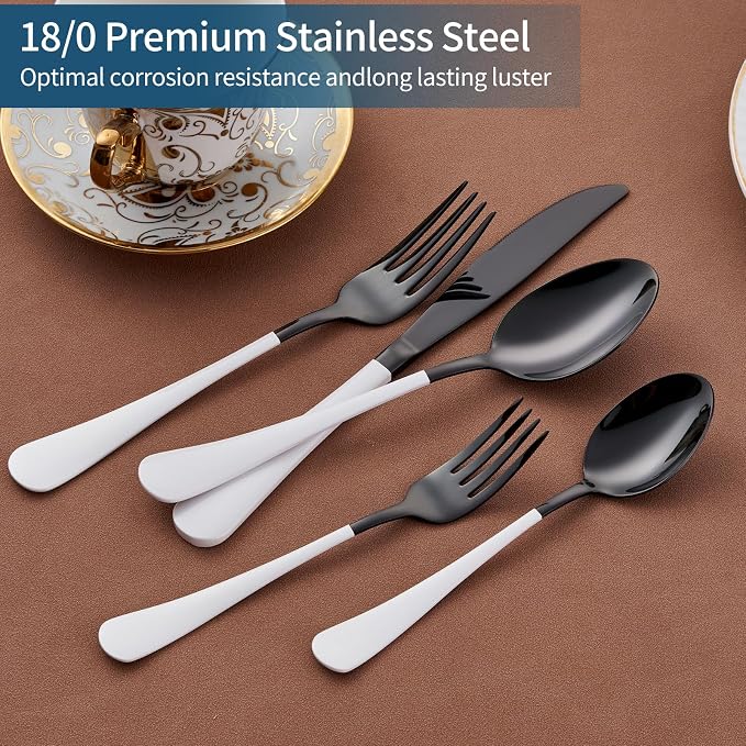 20-Piece Black Silverware Set 18/0 Stainless Steel Flatware White Handle Cutlery Set Service for 4 Dinner Knives Forks Spoons Set Mirror Finish Dishwasher Safe