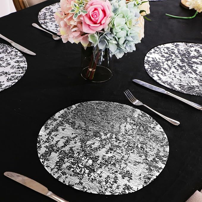 Snowkingdom Silver Disposable Placemats Set of 12 Foil Mesh 13 Inch Round Pressed Table Mates 12 Pack Silver Doilies for Dining Table Wedding Birthday Party Holiday Home Decoration