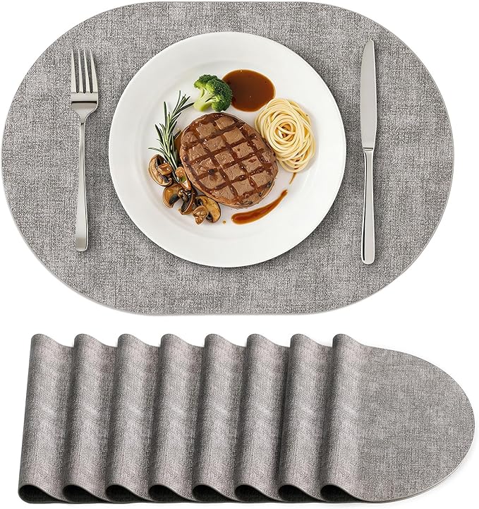 Placemats Set of 8, 11.8 x 17 Inch, Light Grey | Heat Resistant Oval Faux Leather Place Mats, Waterproof Wipeable Reversible PU Placemat, Indoor & Outdoor