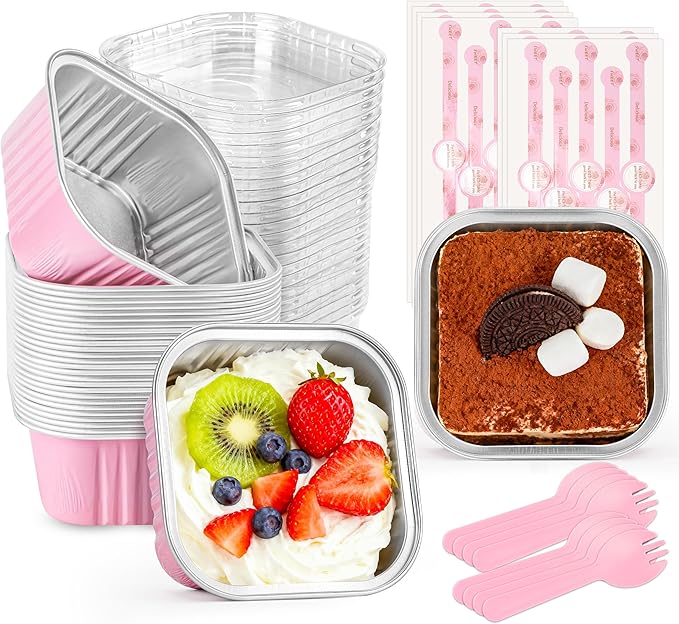 Mini Cake Pans with Lids, 60 Pack Pink 5oz for Party Favors | Use for mousse layers, cheesecake squares, blondies and candies; utensil pairing reduces add-on prep.