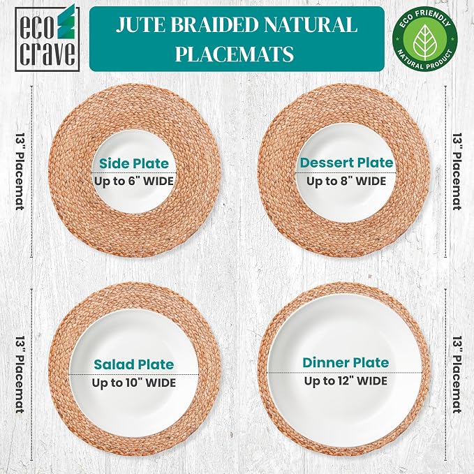 Natural Jute Placemats Set of 2, Round Woven Table Mats, 13 Inch Rattan Charger Plates for Dinner, Boho Farmhouse Braided Place Mats