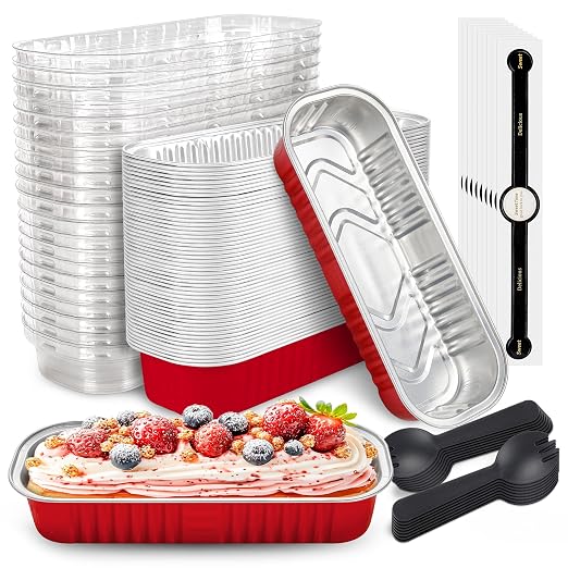 NPLUX Mini Loaf Pans with Lids, 50 Pack Red 6.8oz for Dessert Tables | Use for tasting samples, dessert bars, fruit cups and brownies; cover-after-cooling setup helps cut repacking steps.
