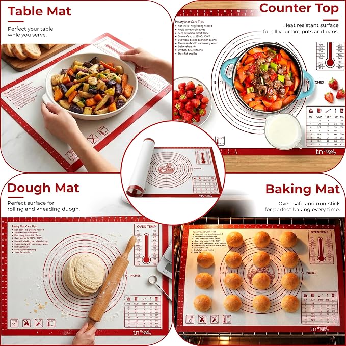 XL Silicone Pastry Mat for Baking Dough Mat, Extra Large 28x20 inches Red | Non-Stick & Non-Slip Dough Mat for Rolling Out with Measurements, Bread, Pizza, Pie Crust, Cookies, Fondant Oven Safe