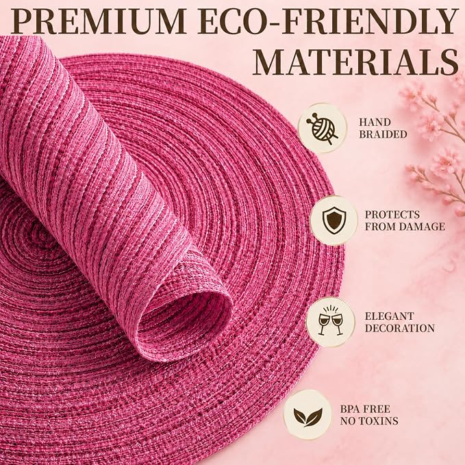 TaroKitc 15 in Round Placemats Set of 4, Washable Woven Placemats Heat Resistant Cotton Polyester Braided Table Mat, Non-Slip Circle Place Mats for Kitchen Dining Table Decor - Pink