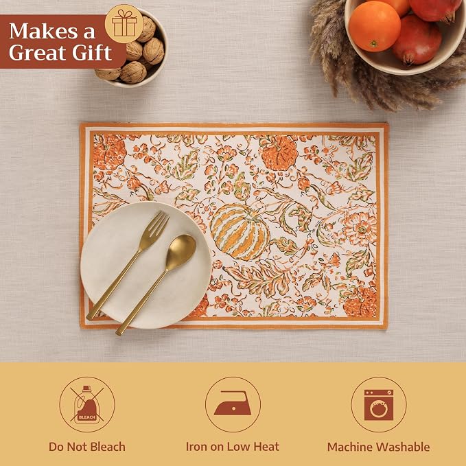 Maison d' Hermine Placemats Set of 4 Reusable 100% Cotton (13"x19") | Cloth Place Mats Washable Table Mats for Kitchen Dining Party Wedding Hotel Home Thanksgiving Christmas - Pumpkin Spice