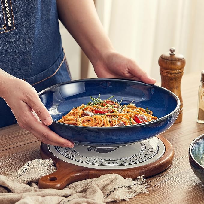 Transmutation Glaze Serving Pasta Bowl,10 inch Ceramic Wide Salad Bowls,50 Ounce Large Big Fruit Bowl for Kitchen, Microwave Oven Dishwasher Safe (Blue)