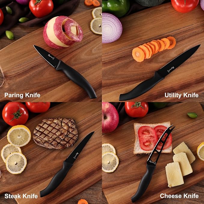 ROMANTICIST Kitchen Knife Sets, 10PCS High Carbon Stainless Steel Knife Sets with Block, Black Knife Block Set, Knives Set for Kitchen with Anti-slip Handle, Exquisite Knives Set New Home Essentials