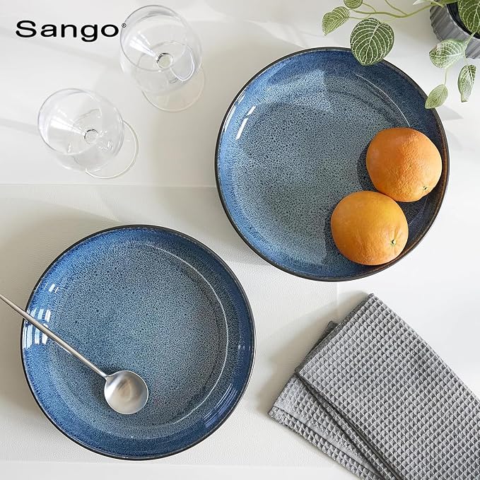 Sango Resona Blue & Black Large Serving Bowl (Set of 2), 64.25 oz, 10" Stoneware Bowls for Pasta, Salad & Dinner, Ceramic Bowls for Entertaining with Glossy Reactive Glaze, Dishwasher & Microwave Safe