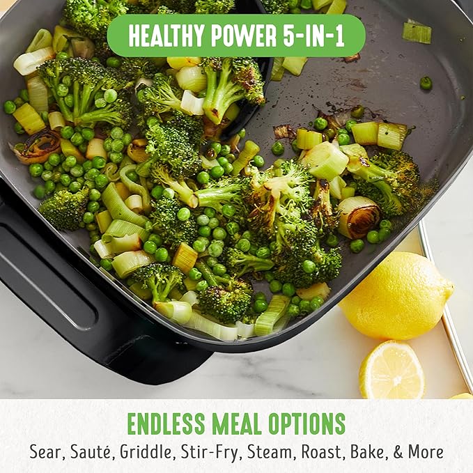 GreenLife 12" 5QT Electric Skillet, Black | PFAS-Free Ceramic Nonstick Coated Interior, Glass Vented Lid, Temperature Control, Dishwasher Safe, Pancakes, Eggs, Bacon