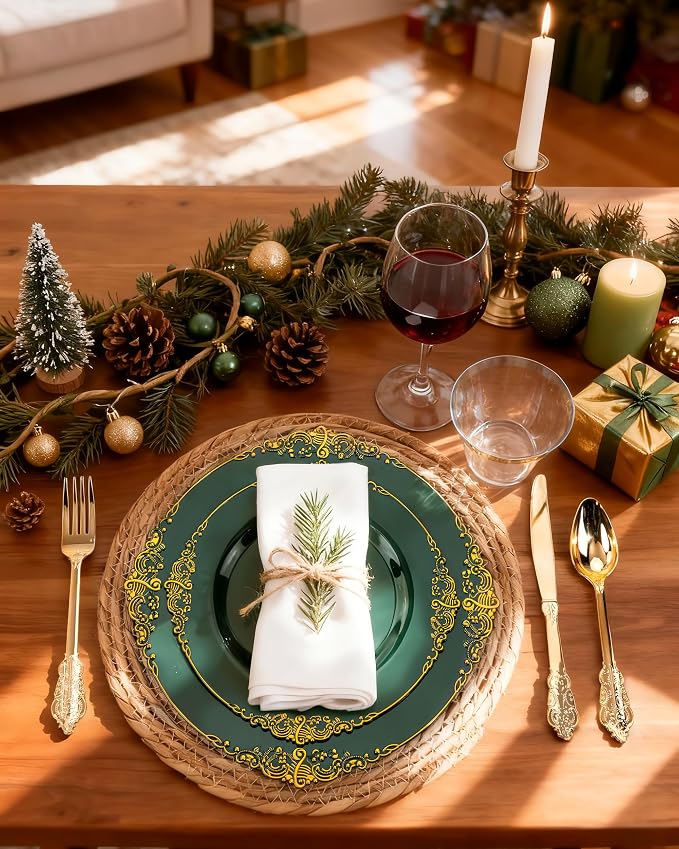 Nervure 175Pcs Green Plastic Plates, Disposable Party Plates for 25 Guests | 25 7.5" Dessert & 25 10.25" Dinner Disposable Plates, 75 Gold Cutlery, 25 9oz Cups, 25 Napkin for Wedding & Party, BPA-free