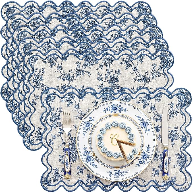 HunnmingRe Blue Floral Set of 6 Cotton Linen Wedding Placemats, 13x19 Inch Scalloped Wavy Embroidery Placemat Double Layered Washable Rustic Rectangle Dinner Table Mat for Home Decor