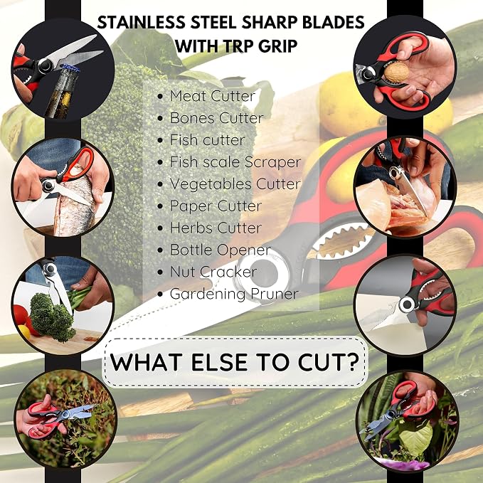 Kitchen Scissors Stainless Steel Sharp Blades with Cushioned Soft TPR Grip for Easy Handling – Heavy Duty Multipurpose Scissors for Meat, Chicken, Fish, Vegetables, & Herbs – Bottle Opener