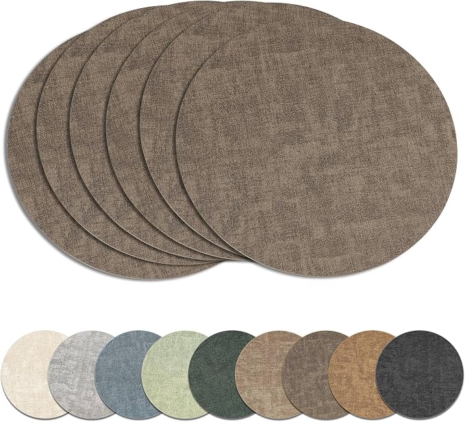 13" Round Placemats Set of 6, Reversible Faux Leather Wipeable Table Mats | 2mm Vinyl Heat Resistant Waterproof Oilproof Scratch Proof Non-Slip, Washable for Kitchen Dining Indoor Outdoor (Dark Coffee)