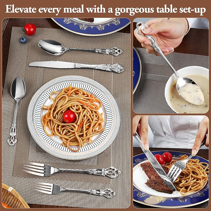 Silverware Set, 30 Pieces Retro Royal Silverware Set for 6, Baroque-Style Stainless Steel Flatware Set Including Fork Spoon and Knife, Dishwasher Safe, Silver