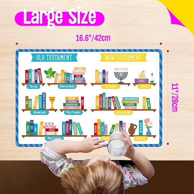 6 Pack Placemats for Kids, Non-Slip Washable Table Mats, Reusable Bible Themed Dining Mat, Educational Placemats for Home, Kindergarten, Classroom, Nursery